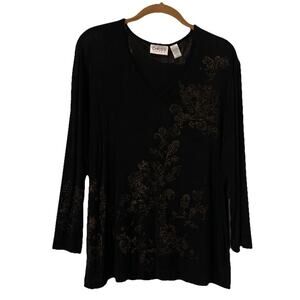 Chicos Travelers Size 3 US XL Black With Gold Floral Slinky Knit Long Sleeve